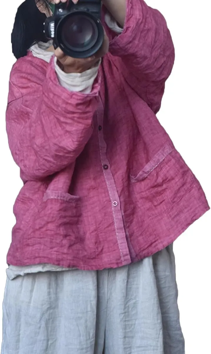 Handmade Clothing Women's Button-Down Ramie Shirt Natural Dye Color Long Sleeve Loose Tops