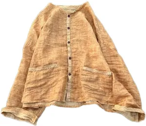 Handmade Clothing Women's Button-Down Ramie Shirt Natural Dye Color Long Sleeve Loose Tops