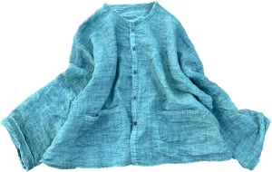 Handmade Clothing Women's Button-Down Ramie Shirt Natural Dye Color Long Sleeve Loose Tops