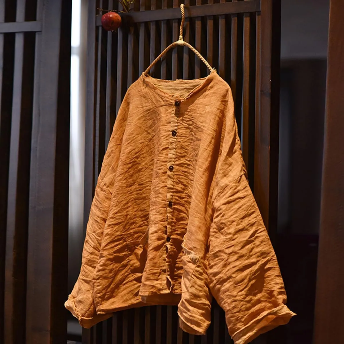 Handmade Clothing Women's Button-Down Ramie Shirt Natural Dye Color Long Sleeve Loose Tops