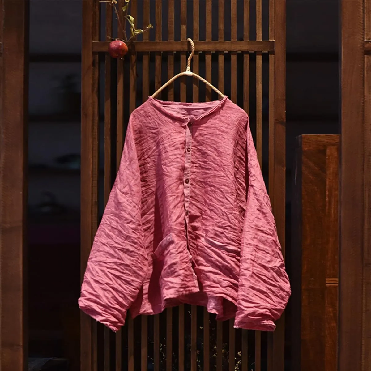 Handmade Clothing Women's Button-Down Ramie Shirt Natural Dye Color Long Sleeve Loose Tops