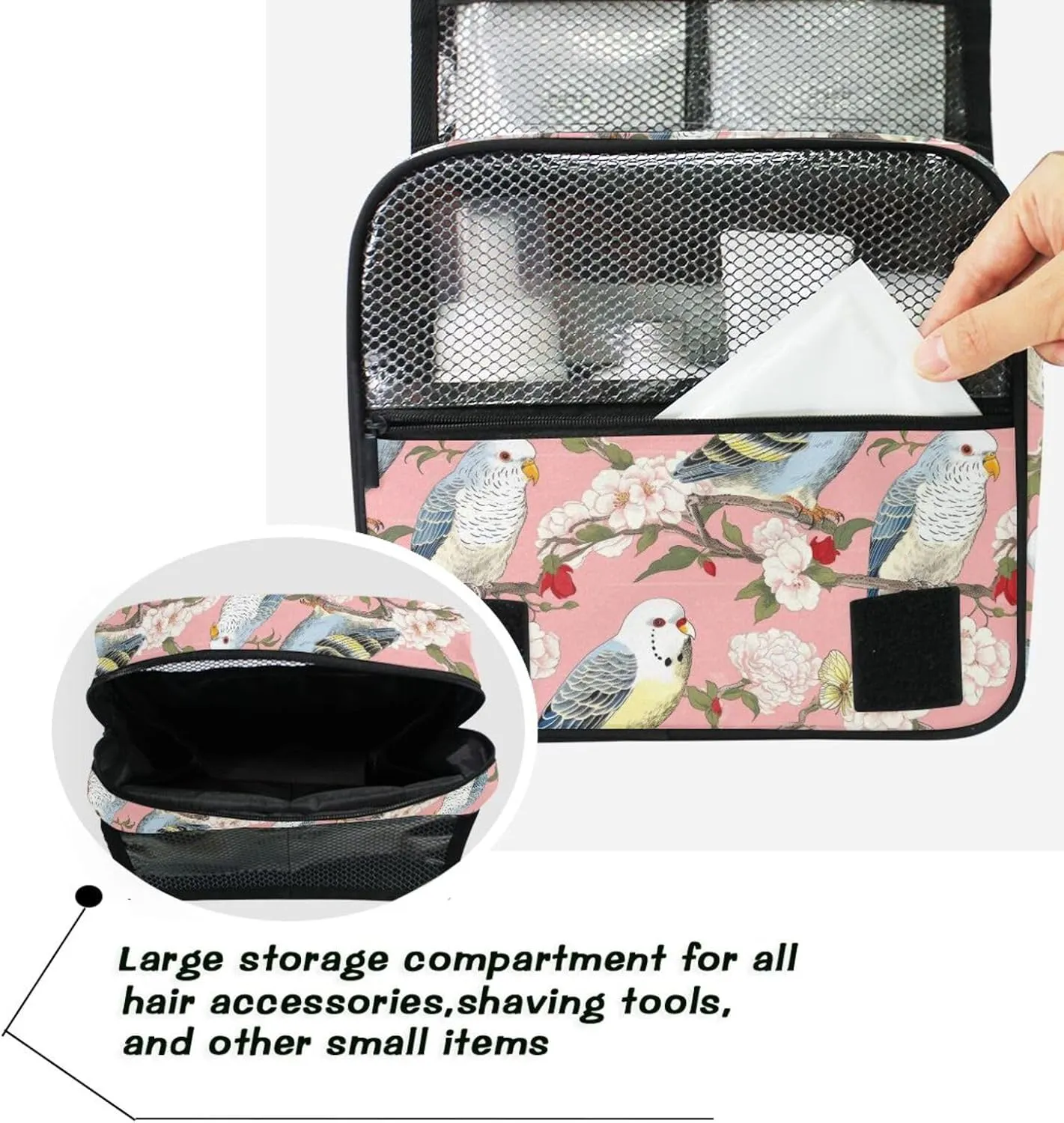 Hanging Toiletry Bag Bird Flowers Travel Makeup bag for Toiletries Portable Travel Toiletry Organizer Cosmetic Bags with Hanging Hook