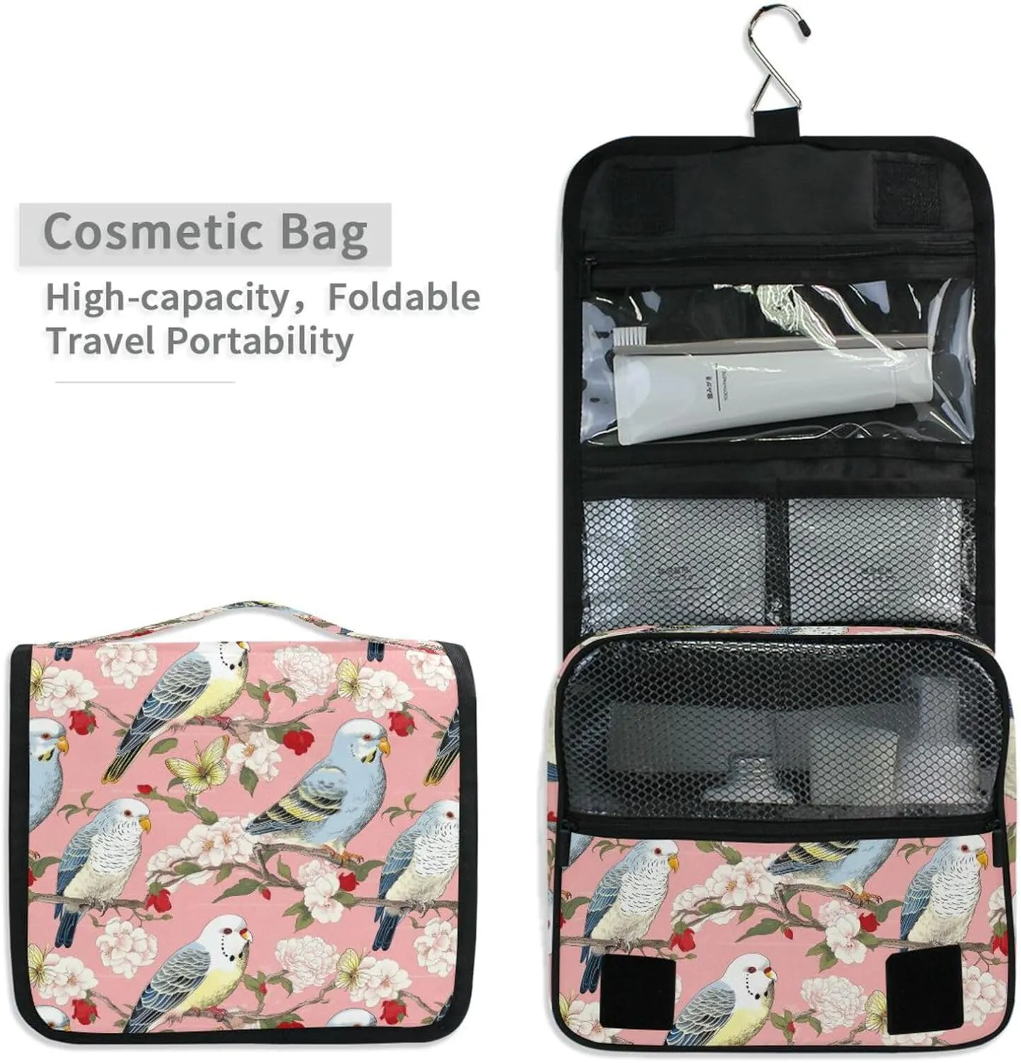 Hanging Toiletry Bag Bird Flowers Travel Makeup bag for Toiletries Portable Travel Toiletry Organizer Cosmetic Bags with Hanging Hook