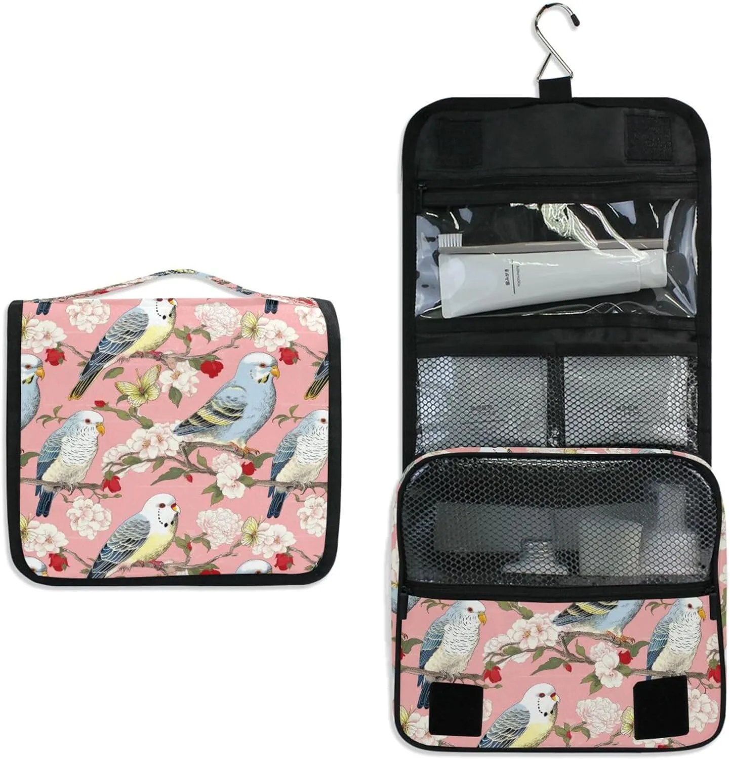 Hanging Toiletry Bag Bird Flowers Travel Makeup bag for Toiletries Portable Travel Toiletry Organizer Cosmetic Bags with Hanging Hook
