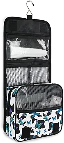 Hanging Toiletry Bag Black And White Cowhide With Butterflies Makeup Travel bag for Toiletries Portable Toiletry Organizer Bags Clear Toiletry Cosmetic Kit
