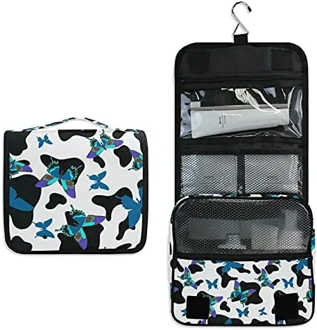 Hanging Toiletry Bag Black And White Cowhide With Butterflies Makeup Travel bag for Toiletries Portable Toiletry Organizer Bags Clear Toiletry Cosmetic Kit
