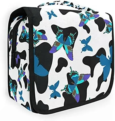 Hanging Toiletry Bag Black And White Cowhide With Butterflies Makeup Travel bag for Toiletries Portable Toiletry Organizer Bags Clear Toiletry Cosmetic Kit