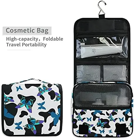 Hanging Toiletry Bag Black And White Cowhide With Butterflies Makeup Travel bag for Toiletries Portable Toiletry Organizer Bags Clear Toiletry Cosmetic Kit