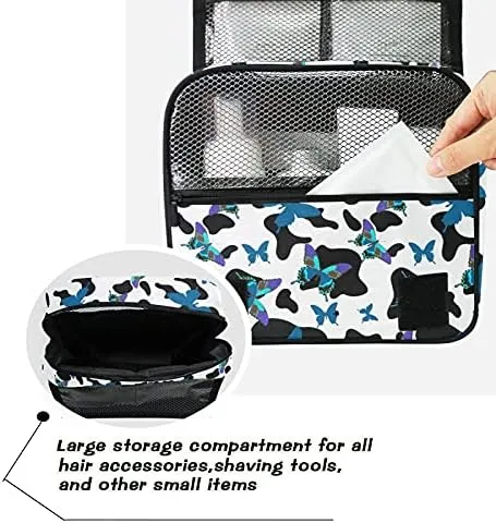 Hanging Toiletry Bag Black And White Cowhide With Butterflies Makeup Travel bag for Toiletries Portable Toiletry Organizer Bags Clear Toiletry Cosmetic Kit