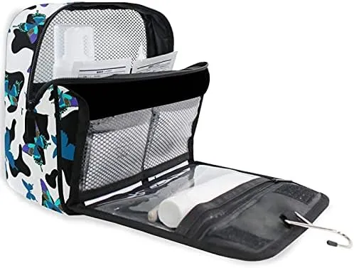 Hanging Toiletry Bag Black And White Cowhide With Butterflies Makeup Travel bag for Toiletries Portable Toiletry Organizer Bags Clear Toiletry Cosmetic Kit