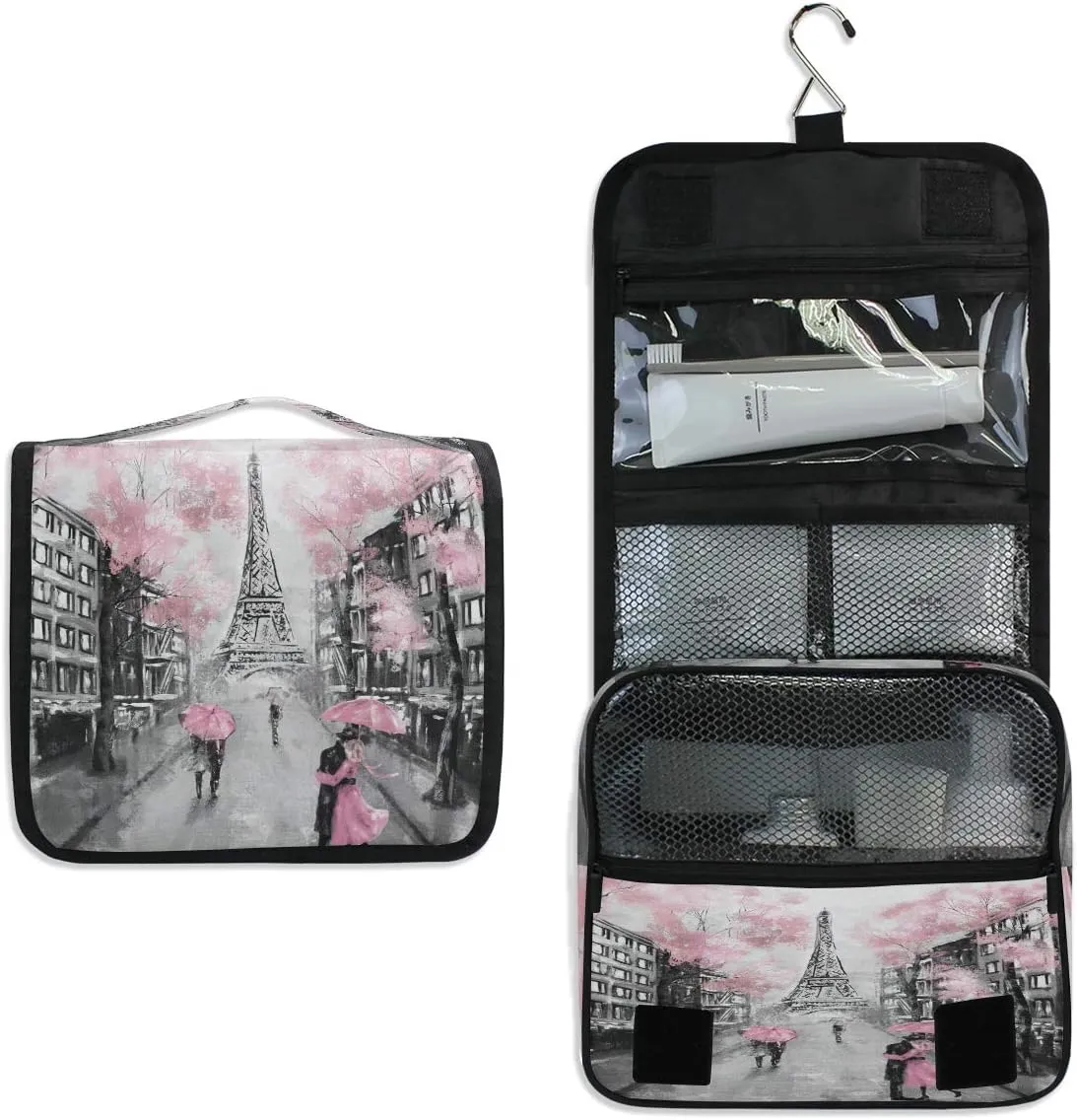 Hanging Toiletry Bag Eiffel Tower Paris Lovers Street Portable Travel Cosmetic Makeup Bag Bathroom Shower Shaving Kit Organizer Bag for Men Women