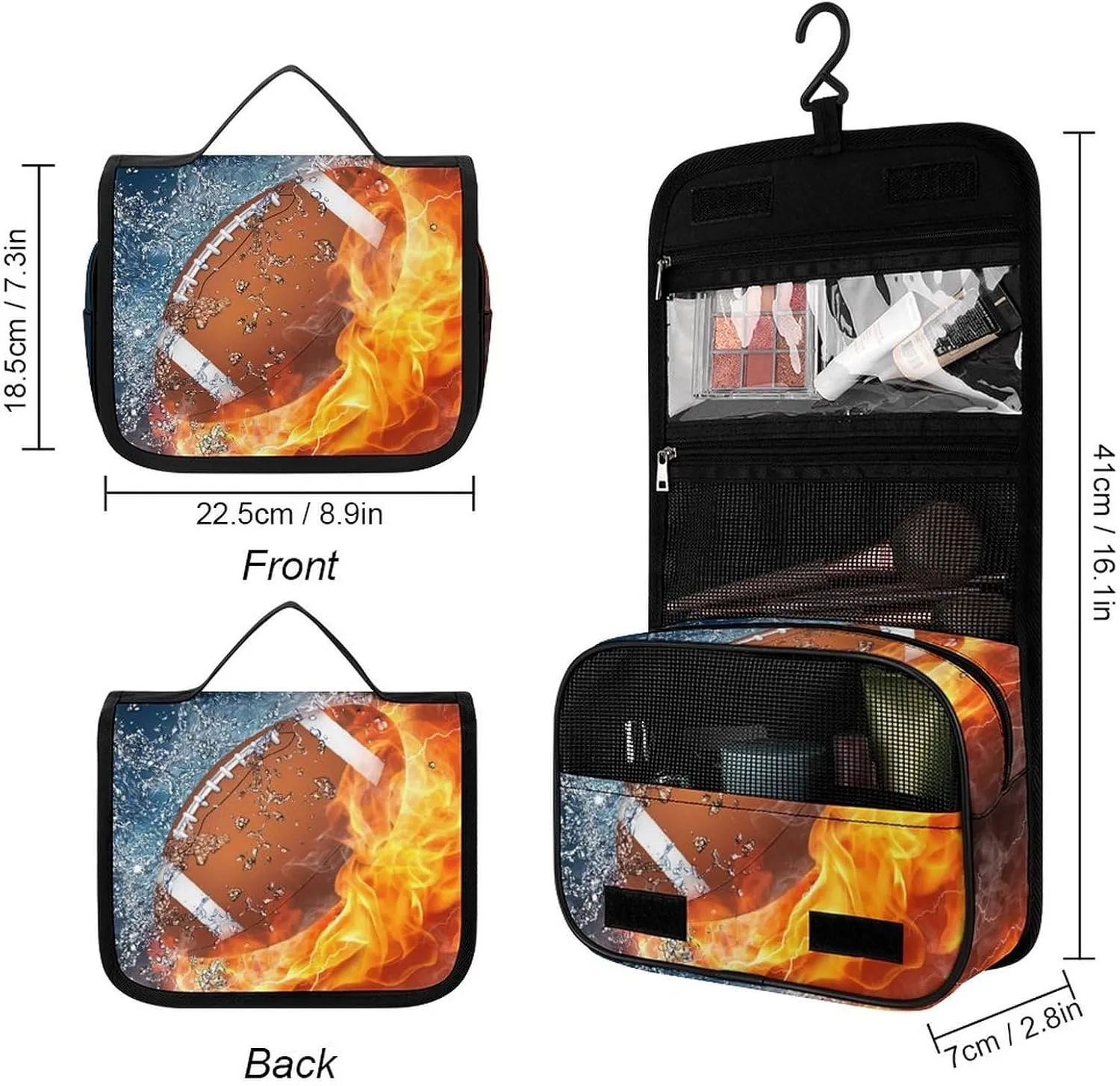 Hanging Toiletry Bag Large Capacity Hanging Wash Bag, Fire And Water American Football Sports Waterproof Travel Cosmetic Bag, Portable Makeup Bag Organizer for Women Men