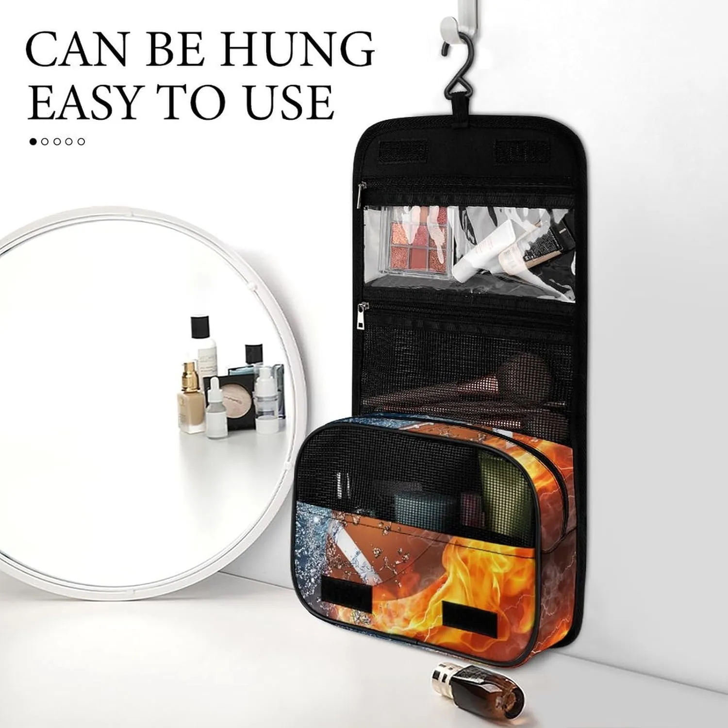 Hanging Toiletry Bag Large Capacity Hanging Wash Bag, Fire And Water American Football Sports Waterproof Travel Cosmetic Bag, Portable Makeup Bag Organizer for Women Men