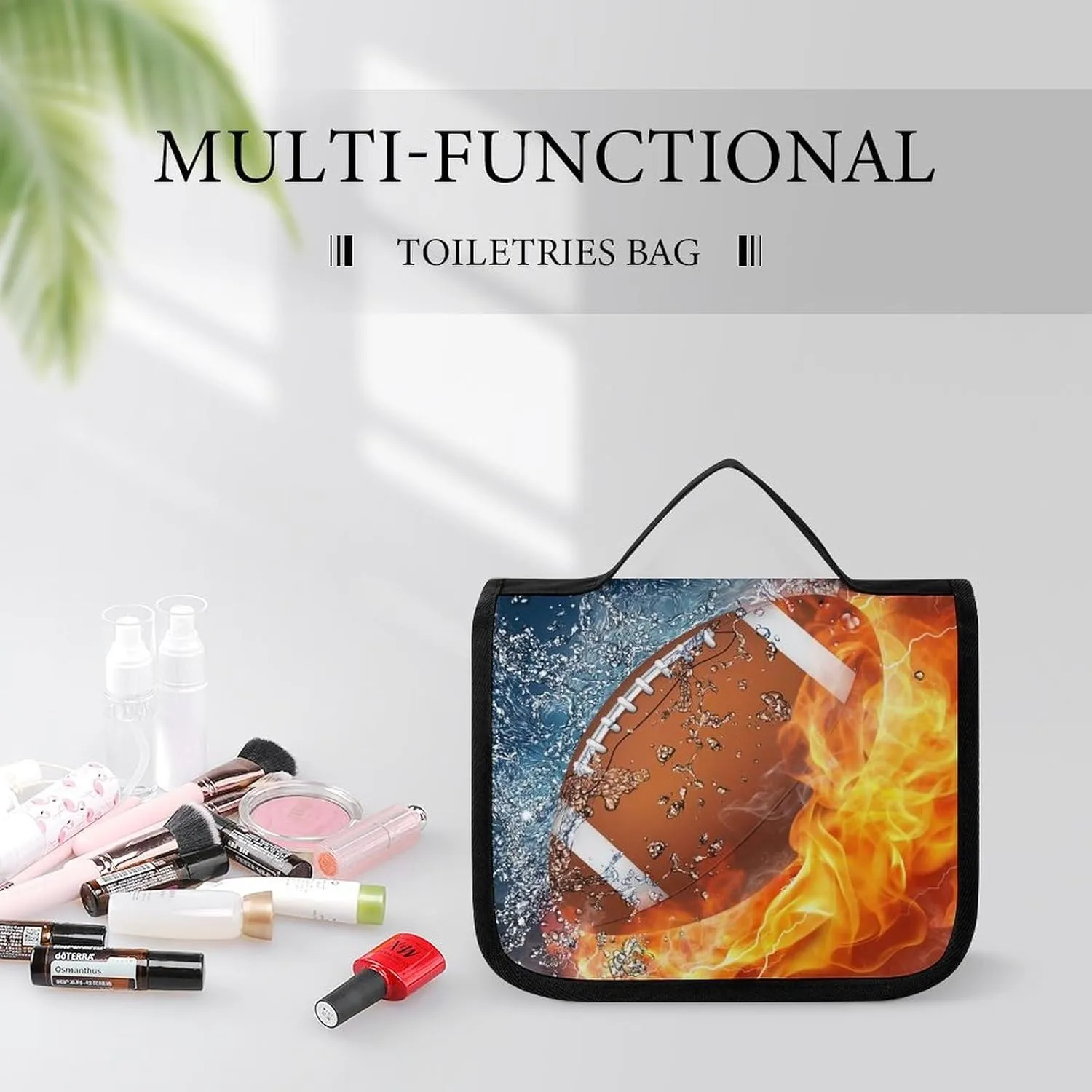 Hanging Toiletry Bag Large Capacity Hanging Wash Bag, Fire And Water American Football Sports Waterproof Travel Cosmetic Bag, Portable Makeup Bag Organizer for Women Men