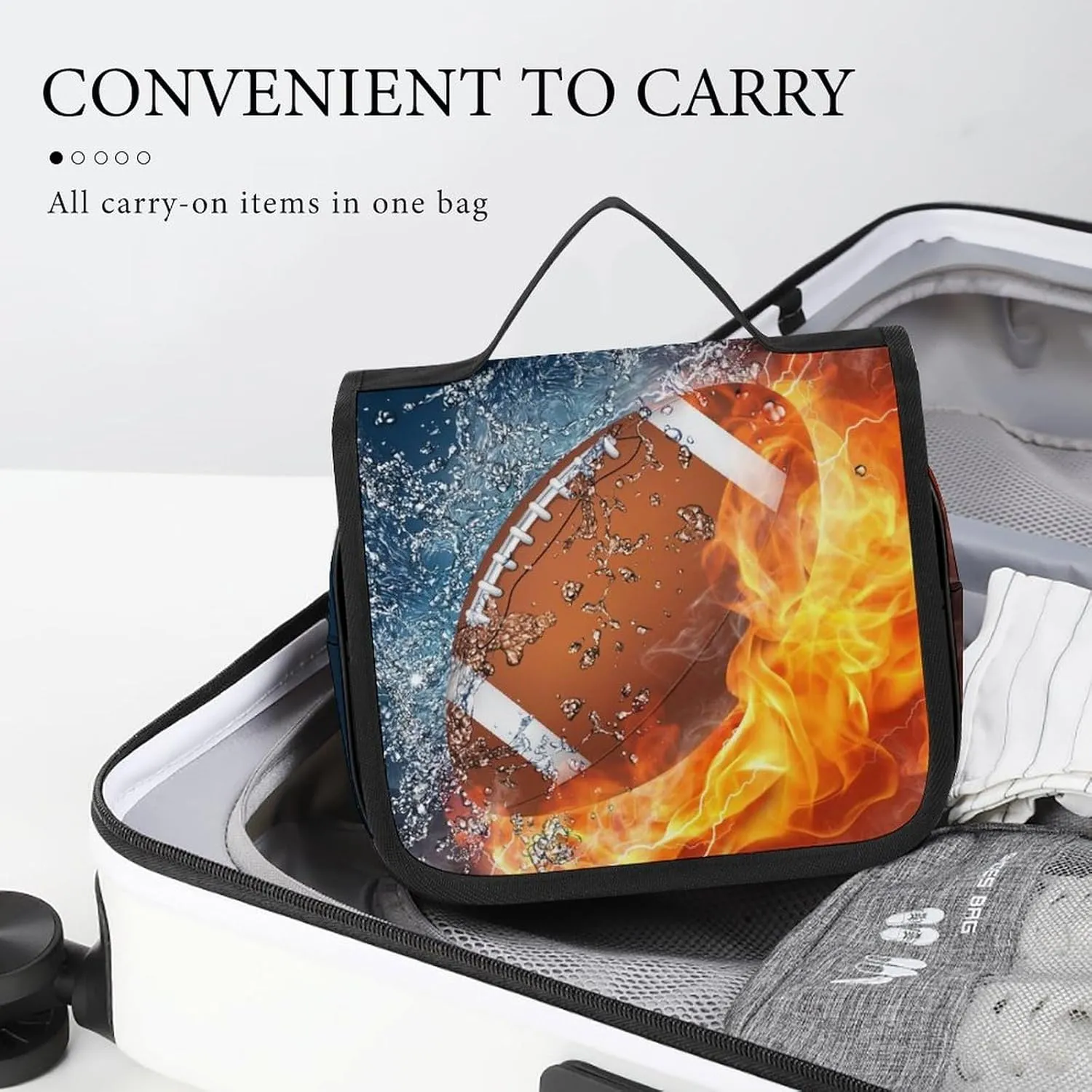 Hanging Toiletry Bag Large Capacity Hanging Wash Bag, Fire And Water American Football Sports Waterproof Travel Cosmetic Bag, Portable Makeup Bag Organizer for Women Men