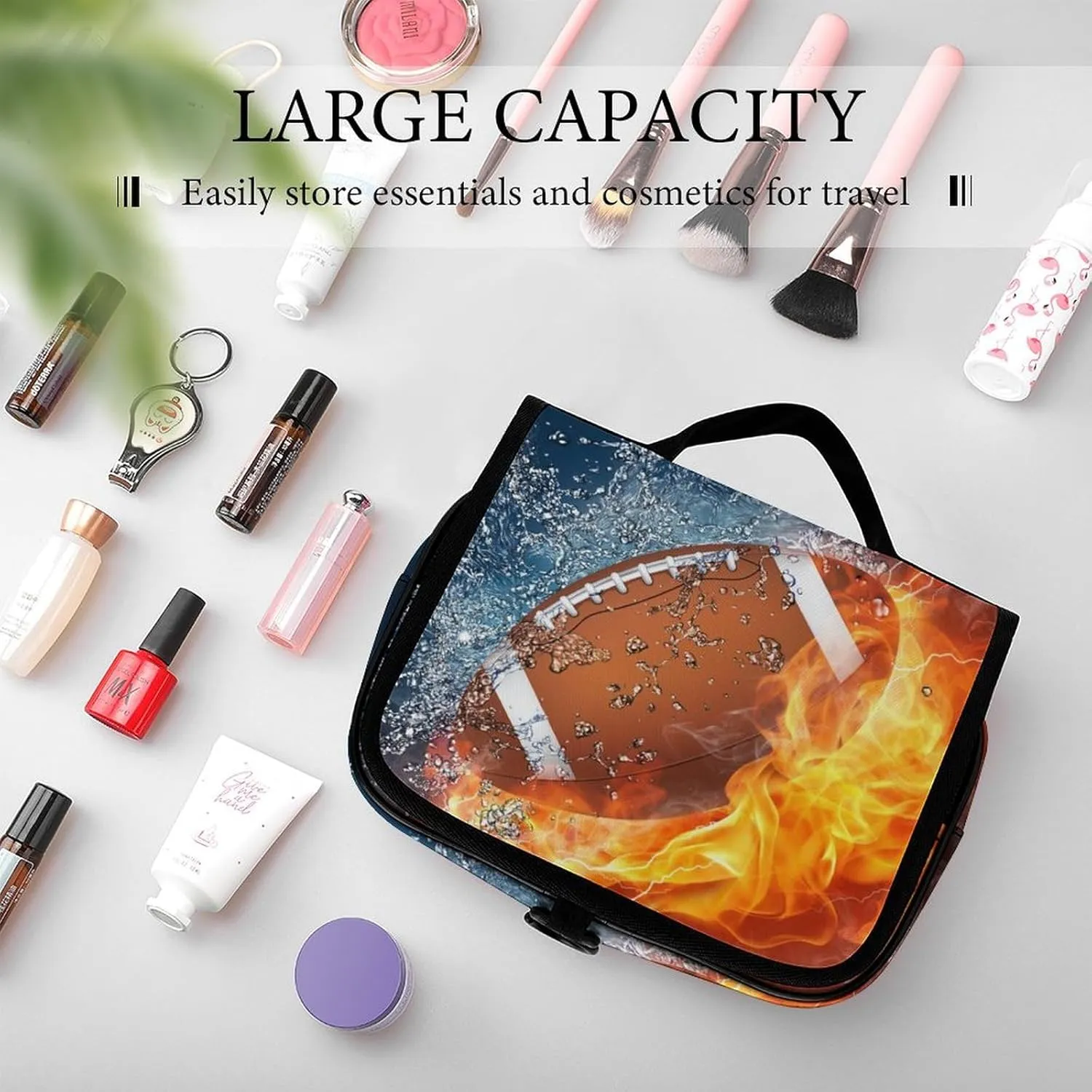 Hanging Toiletry Bag Large Capacity Hanging Wash Bag, Fire And Water American Football Sports Waterproof Travel Cosmetic Bag, Portable Makeup Bag Organizer for Women Men