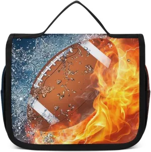 Hanging Toiletry Bag Large Capacity Hanging Wash Bag, Fire And Water American Football Sports Waterproof Travel Cosmetic Bag, Portable Makeup Bag Organizer for Women Men