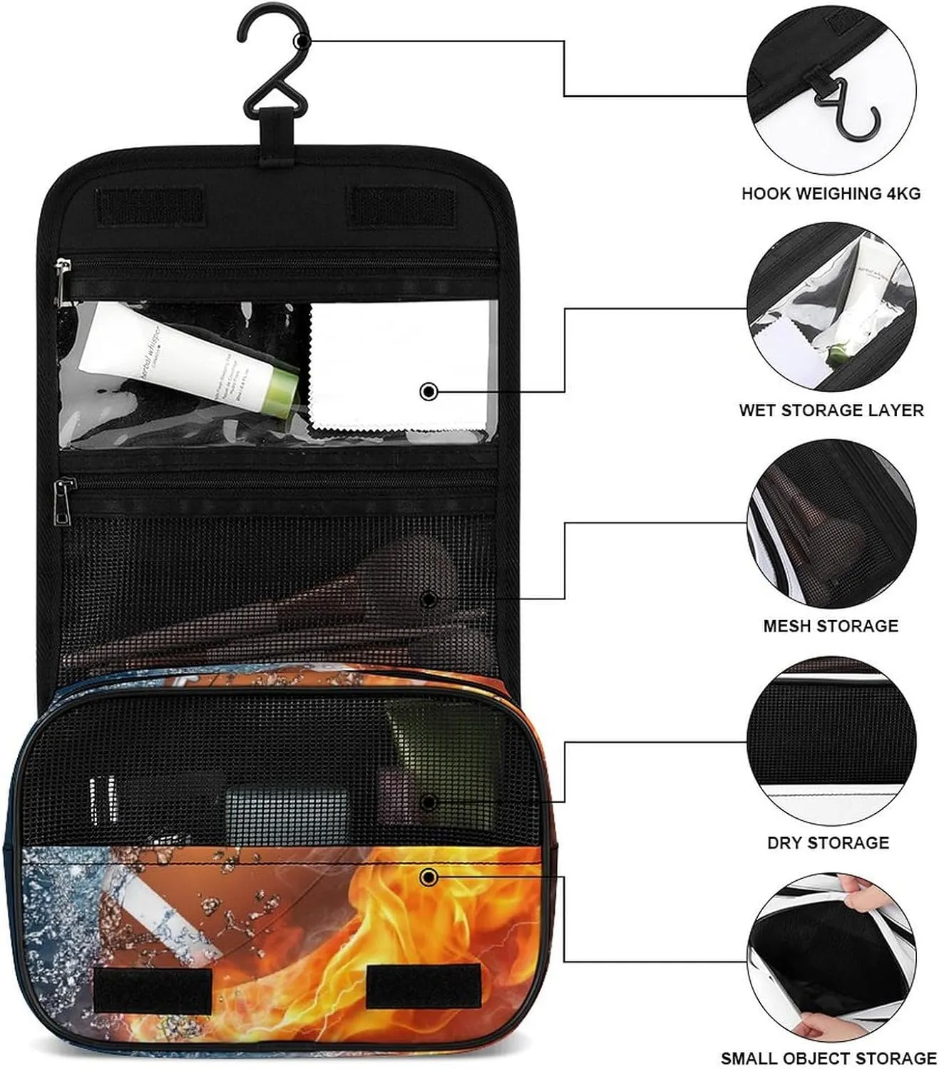 Hanging Toiletry Bag Large Capacity Hanging Wash Bag, Fire And Water American Football Sports Waterproof Travel Cosmetic Bag, Portable Makeup Bag Organizer for Women Men