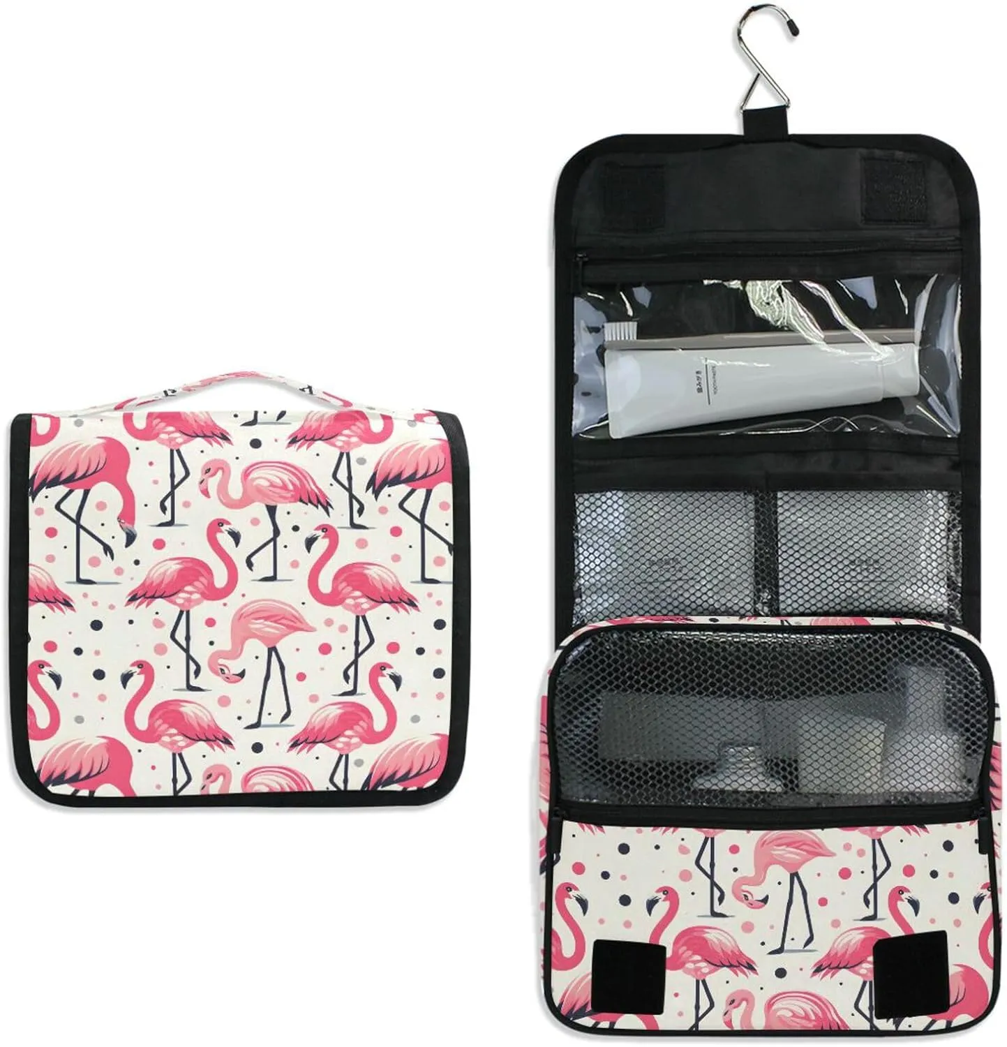 Hanging Toiletry Bag Pink Flamingos Polka Dot Travel Makeup bag for Toiletries Portable Travel Toiletry Organizer Cosmetic Bags with Hanging Hook