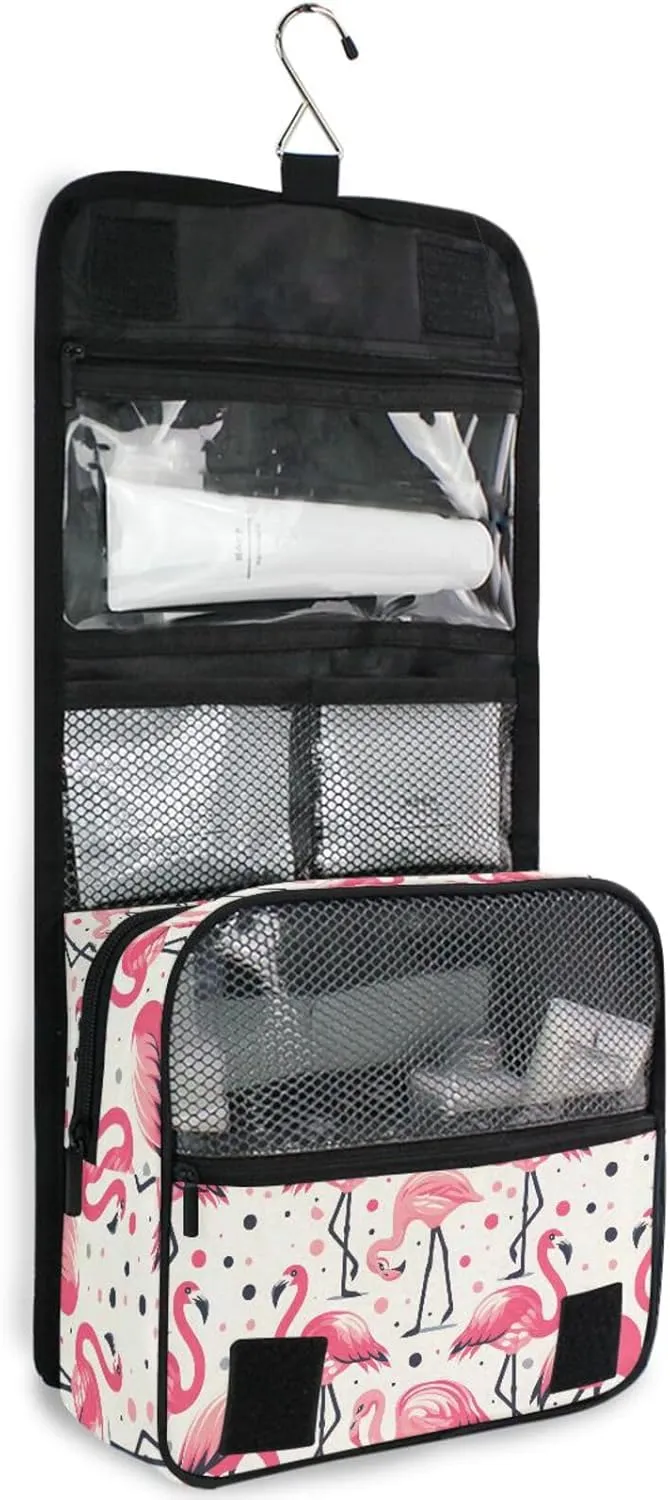Hanging Toiletry Bag Pink Flamingos Polka Dot Travel Makeup bag for Toiletries Portable Travel Toiletry Organizer Cosmetic Bags with Hanging Hook