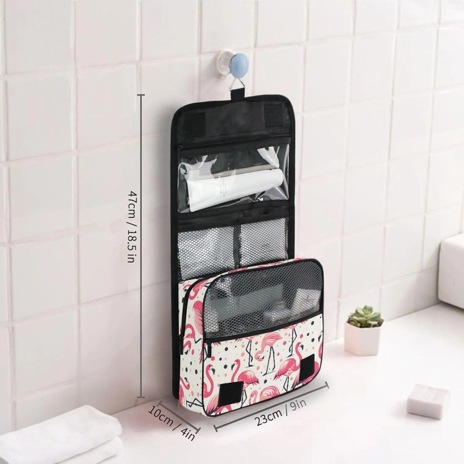 Hanging Toiletry Bag Pink Flamingos Polka Dot Travel Makeup bag for Toiletries Portable Travel Toiletry Organizer Cosmetic Bags with Hanging Hook