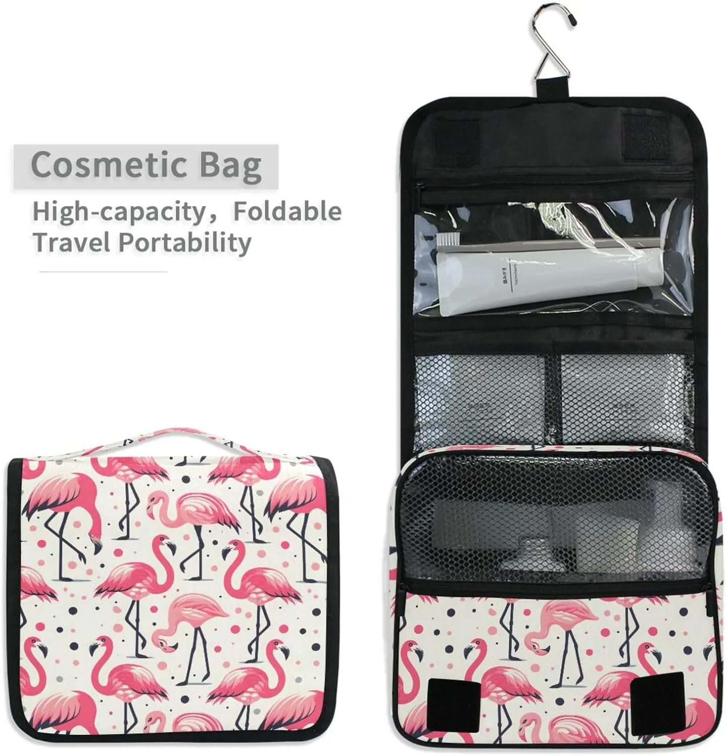 Hanging Toiletry Bag Pink Flamingos Polka Dot Travel Makeup bag for Toiletries Portable Travel Toiletry Organizer Cosmetic Bags with Hanging Hook