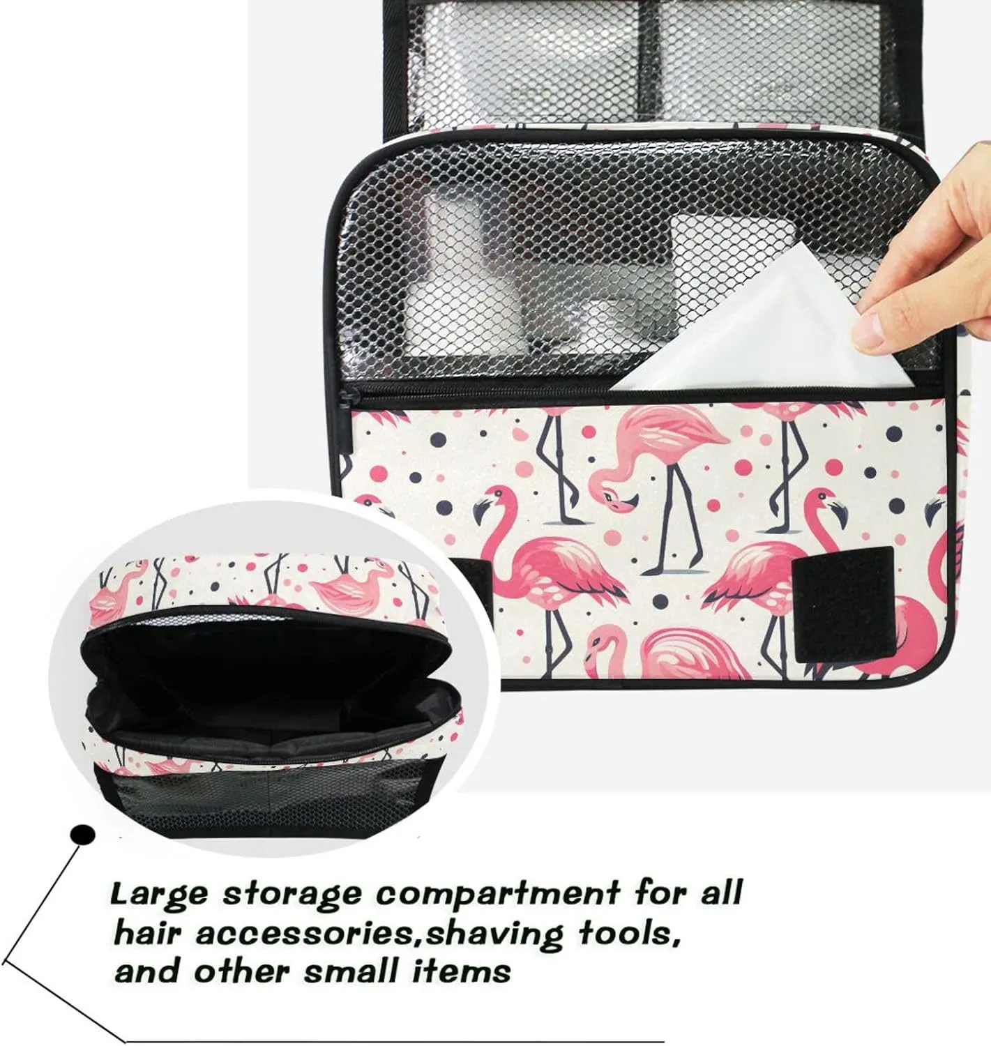 Hanging Toiletry Bag Pink Flamingos Polka Dot Travel Makeup bag for Toiletries Portable Travel Toiletry Organizer Cosmetic Bags with Hanging Hook