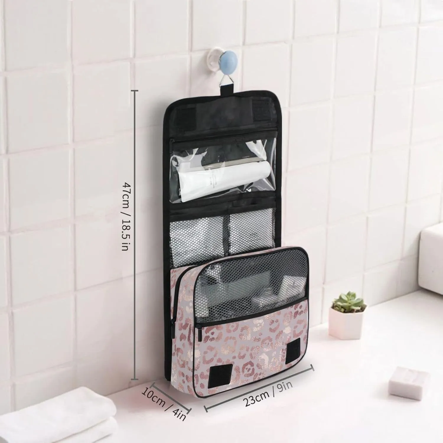 Hanging Toiletry Bag Rose Gold Leopard Print Makeup Bag Portable Travel bag for Toiletries Organizer Bags for Women Men, Travel-Essentials Bag