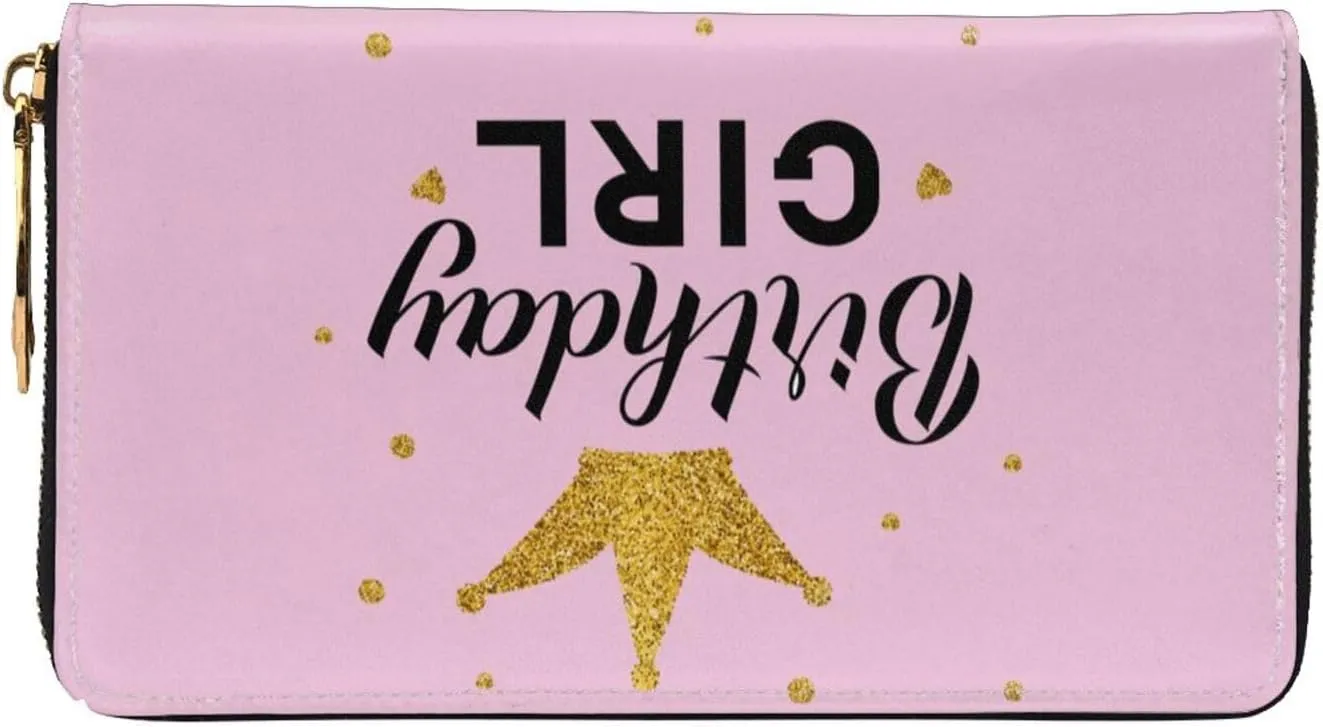 Happy Birthday Leather Wallet Phone Credit Card Money Holder with Many Rooms Zipper Purse for Women Men