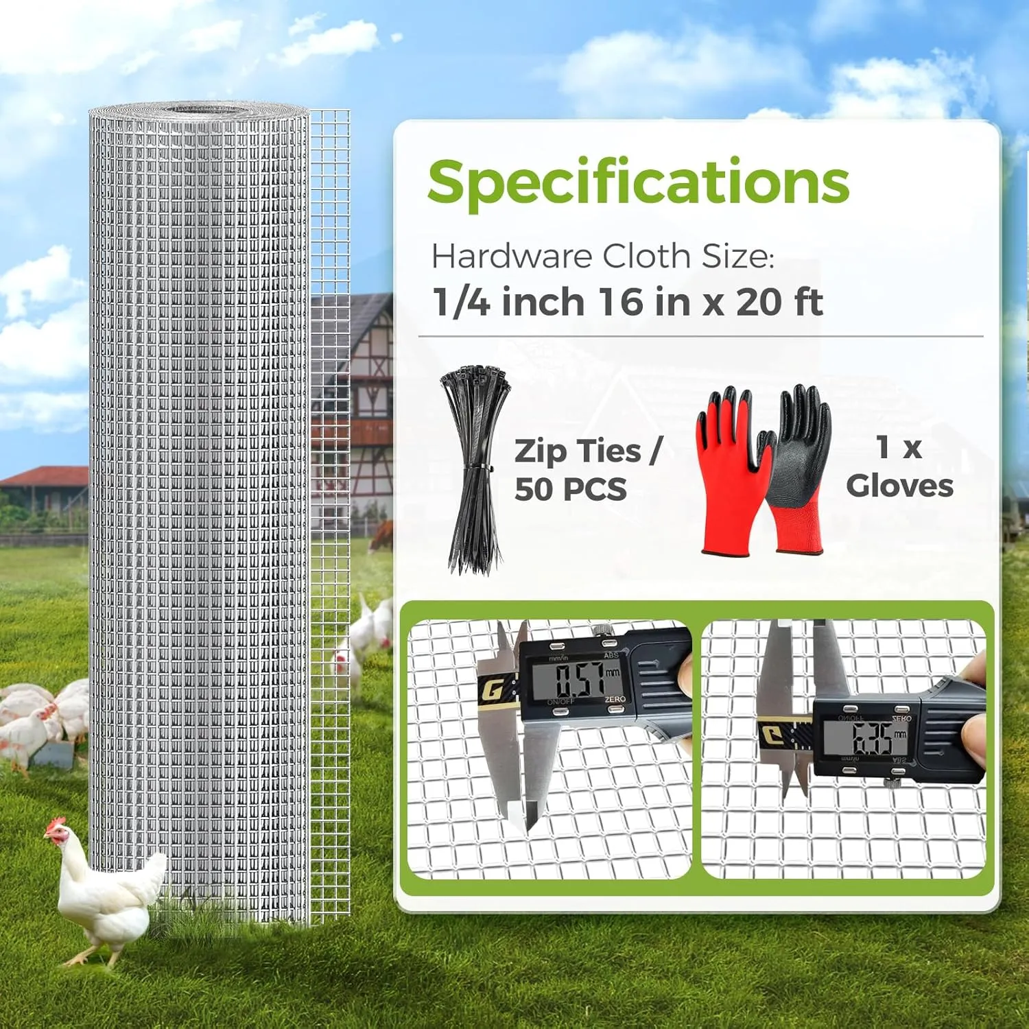 Hardware Cloth 1/4 Inch 16inx20ft-23 Gauge Chicken Wire Fencing- Hot dip Galvanized Welded Wire Mesh Roll for Crafts- Poultry Netting Quail/Rabbit Cage- Chicken Run/Coop- Garden Metal Fence