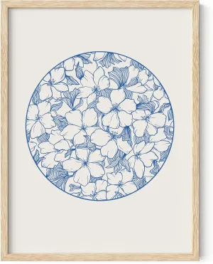 HAUS AND HUES Blue Floral Wall Art - Japanese Traditional Caligraphy Inspired Flower Print, Japandi Botanical Art for Bedroom or Office, 12x16 Beige Frame