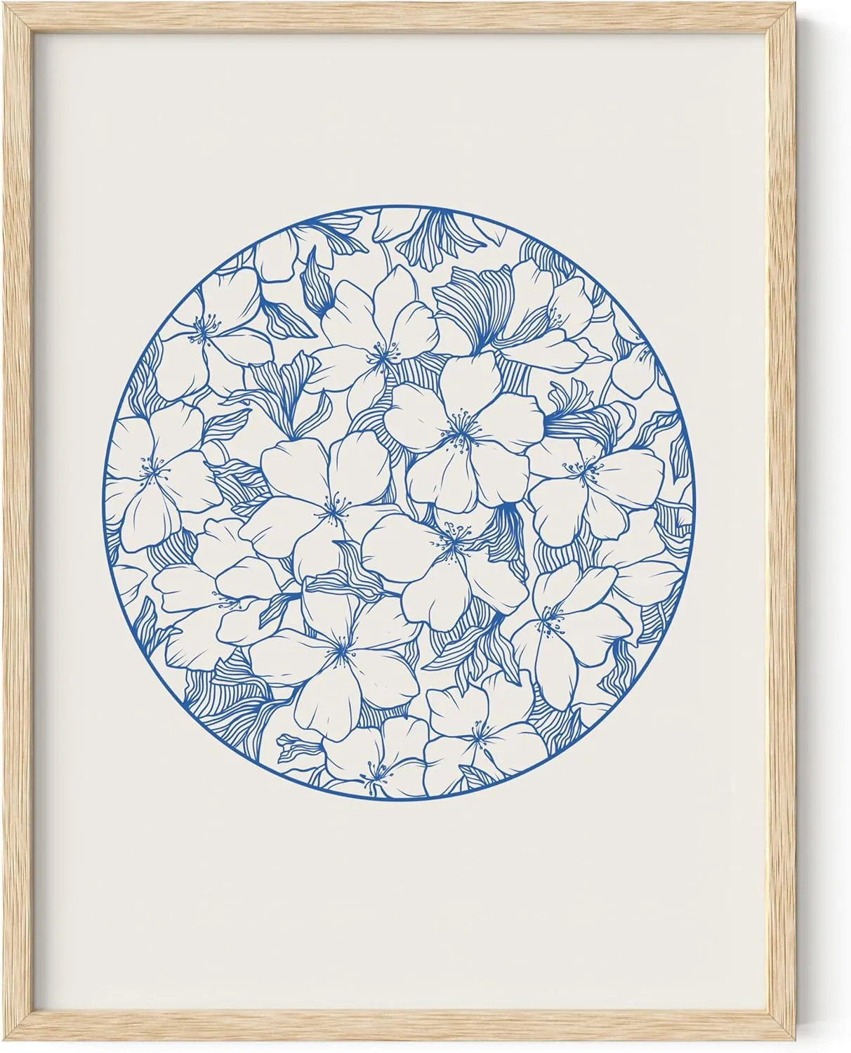 HAUS AND HUES Blue Floral Wall Art - Japanese Traditional Caligraphy Inspired Flower Print, Japandi Botanical Art for Bedroom or Office, 12x16 Beige Frame