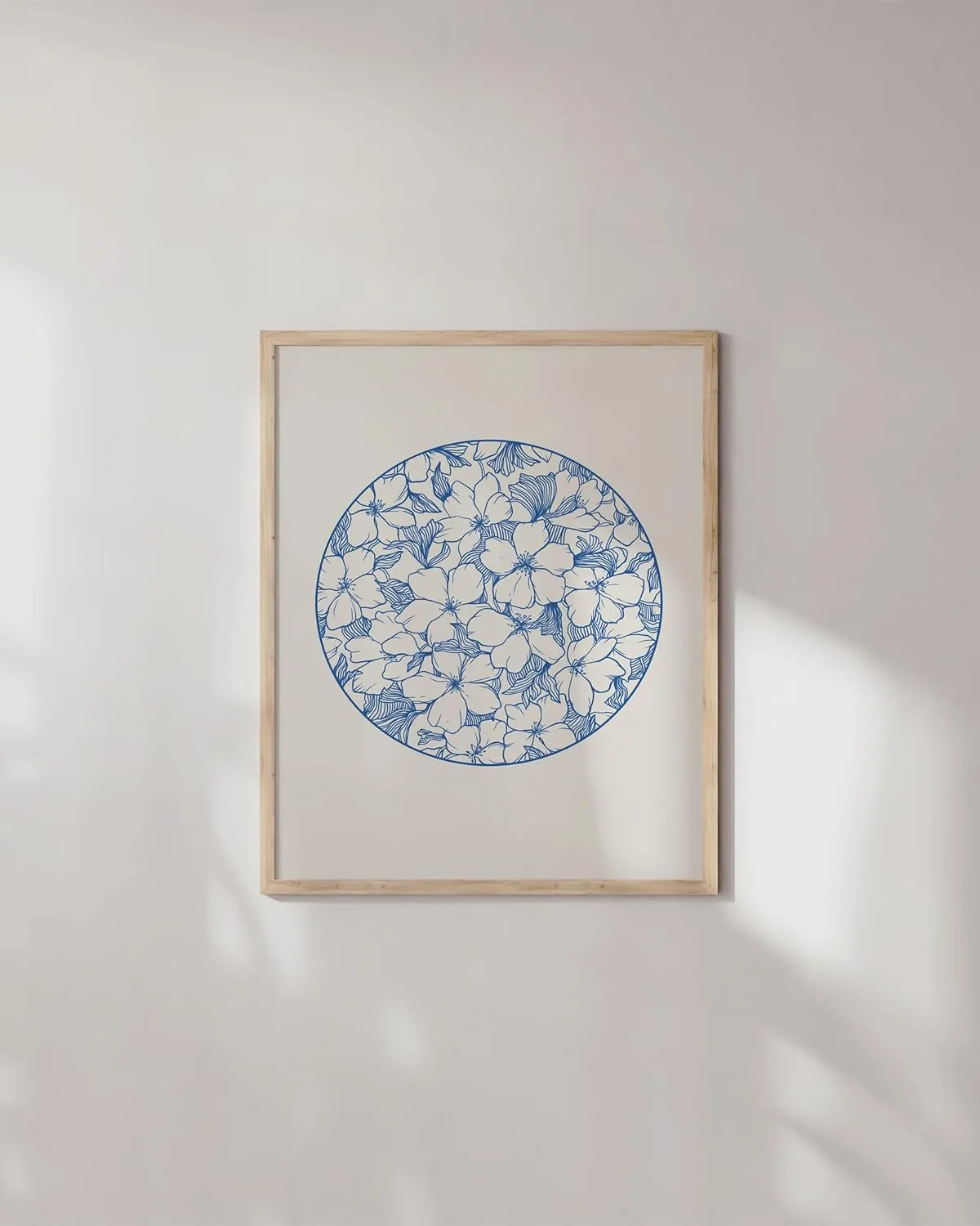 HAUS AND HUES Blue Floral Wall Art - Japanese Traditional Caligraphy Inspired Flower Print, Japandi Botanical Art for Bedroom or Office, 12x16 Beige Frame