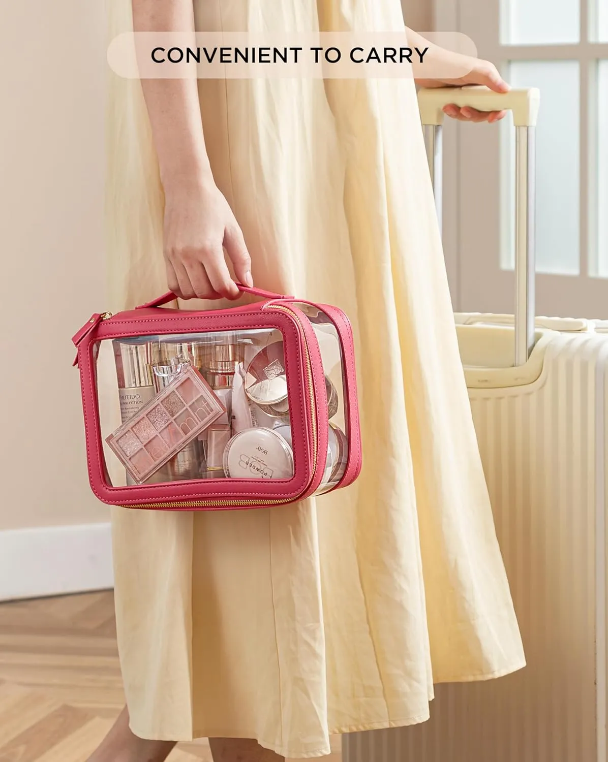 HBlife Clear Makeup Bag Organizer, Portable Travel Toiletry Cosmetic Bag Case for Women, Large Make Up Bag Makeup Train Case Transparent Storage Bag Pouch with Handle(Hot Pink)