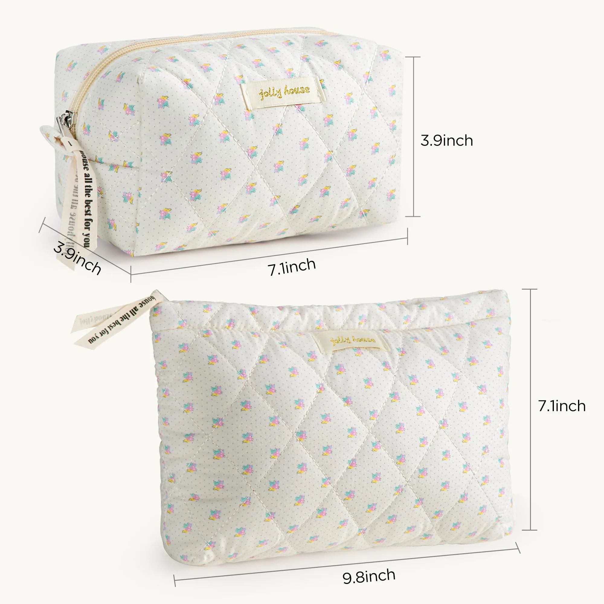 HBselect 2Pcs Quilted Makeup Bag Cute Makeup Bag Organizer Travel Makeup Pouch for Purse Zipper Aesthetic Coquette Cotton Floral Make up Bag Toiletry Bags for Women Girls