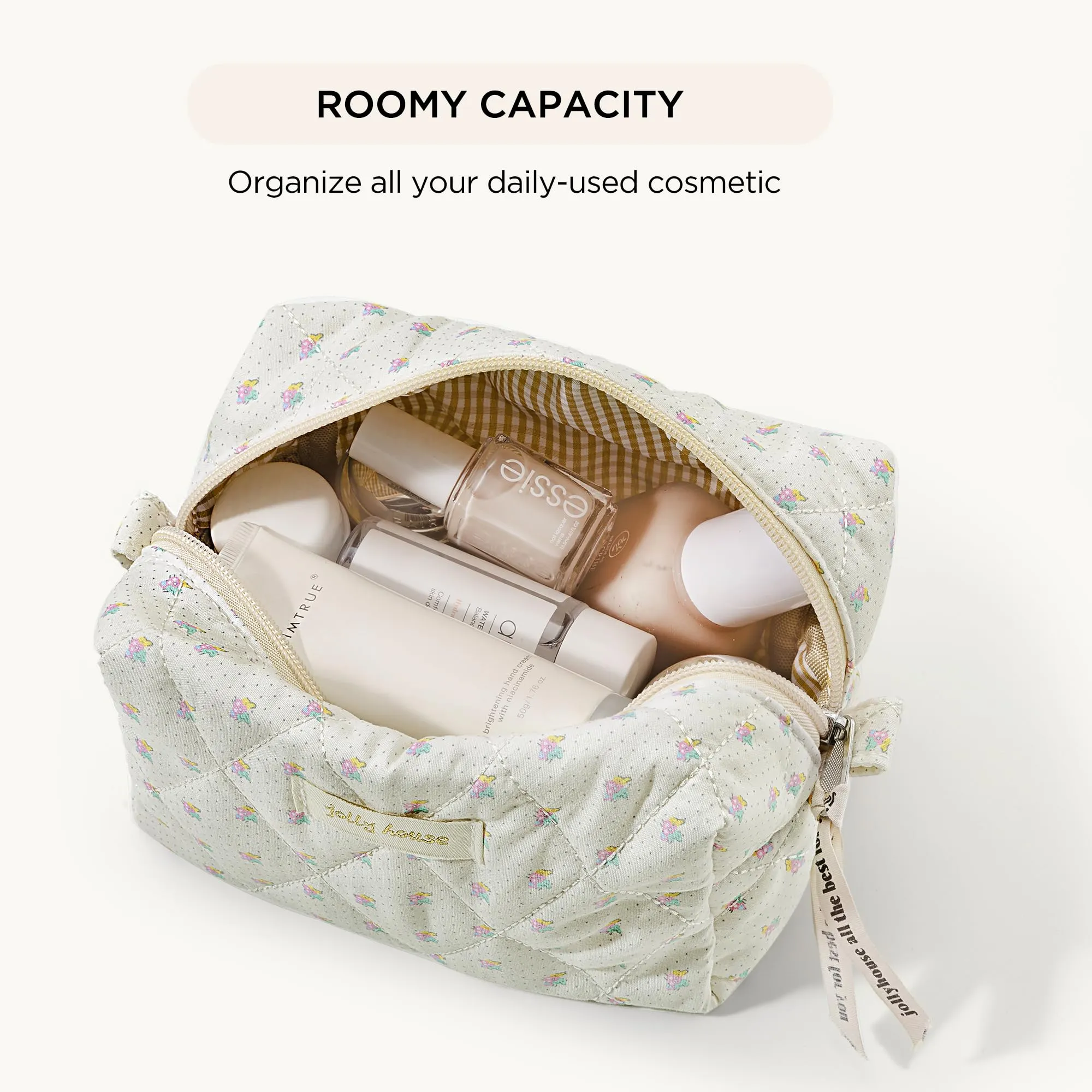 HBselect 2Pcs Quilted Makeup Bag Cute Makeup Bag Organizer Travel Makeup Pouch for Purse Zipper Aesthetic Coquette Cotton Floral Make up Bag Toiletry Bags for Women Girls