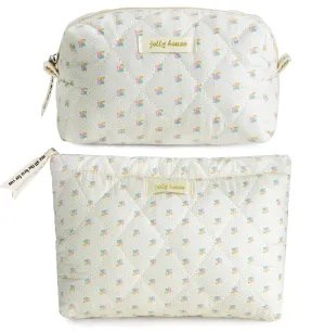 HBselect 2Pcs Quilted Makeup Bag Cute Makeup Bag Organizer Travel Makeup Pouch for Purse Zipper Aesthetic Coquette Cotton Floral Make up Bag Toiletry Bags for Women Girls