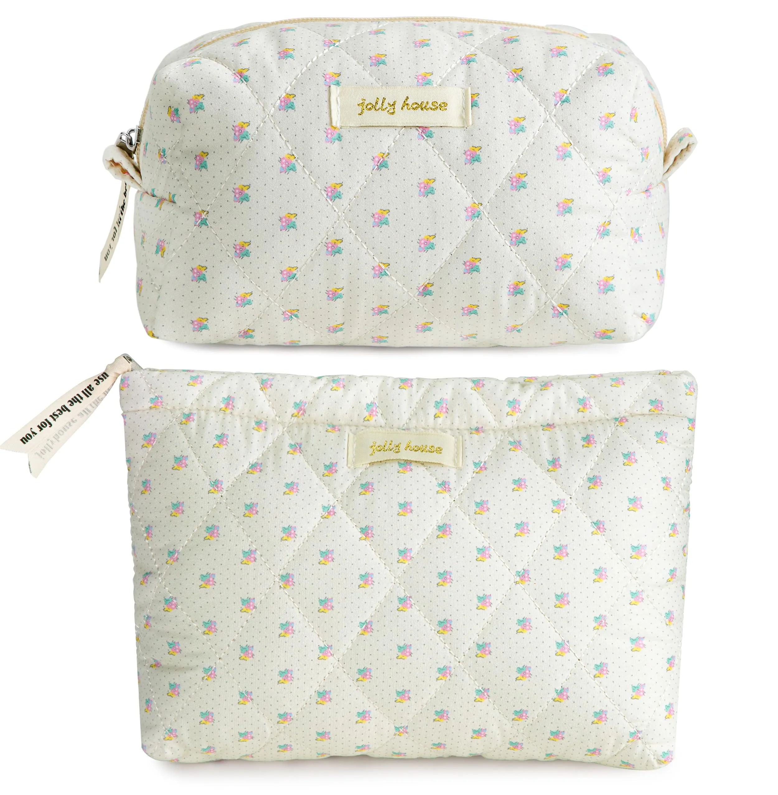 HBselect 2Pcs Quilted Makeup Bag Cute Makeup Bag Organizer Travel Makeup Pouch for Purse Zipper Aesthetic Coquette Cotton Floral Make up Bag Toiletry Bags for Women Girls