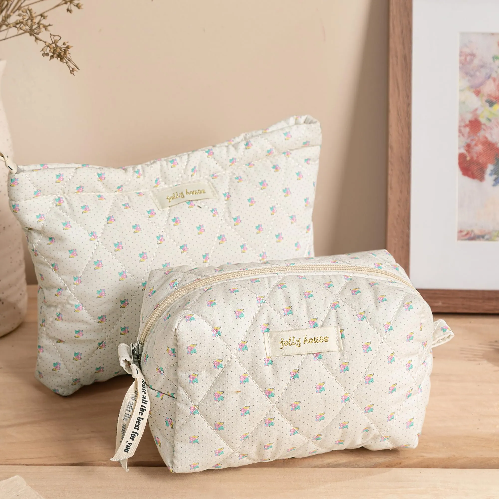 HBselect 2Pcs Quilted Makeup Bag Cute Makeup Bag Organizer Travel Makeup Pouch for Purse Zipper Aesthetic Coquette Cotton Floral Make up Bag Toiletry Bags for Women Girls