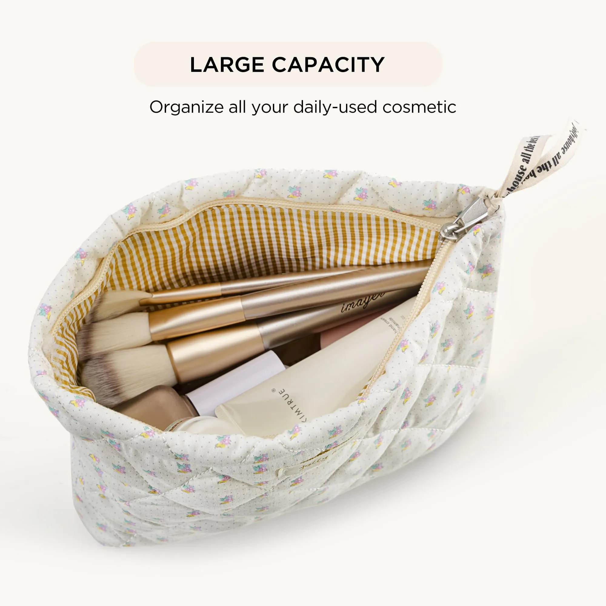 HBselect 2Pcs Quilted Makeup Bag Cute Makeup Bag Organizer Travel Makeup Pouch for Purse Zipper Aesthetic Coquette Cotton Floral Make up Bag Toiletry Bags for Women Girls