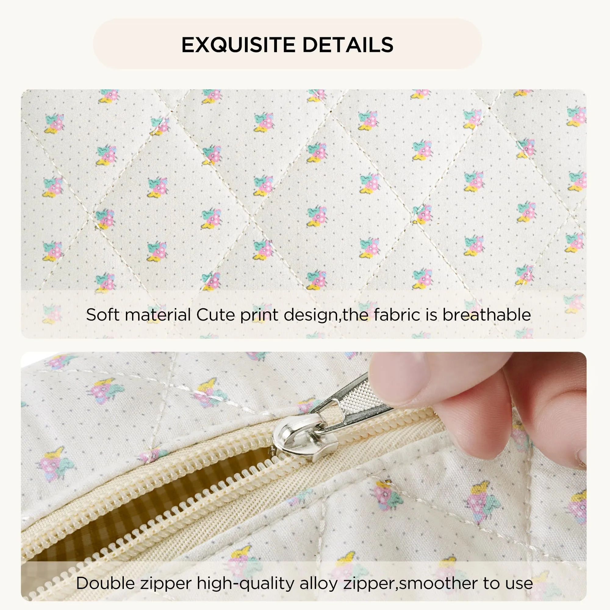 HBselect 2Pcs Quilted Makeup Bag Cute Makeup Bag Organizer Travel Makeup Pouch for Purse Zipper Aesthetic Coquette Cotton Floral Make up Bag Toiletry Bags for Women Girls
