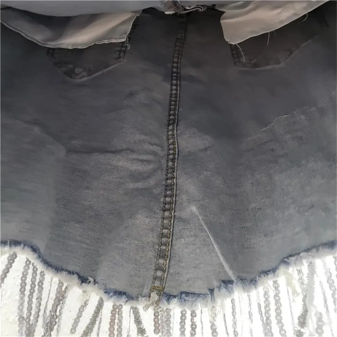 Hdhdeueh Womens Denim Skirts Spliced Embroidered Lace Sequins Tassel Slim Wrap HIPS Short Skirt