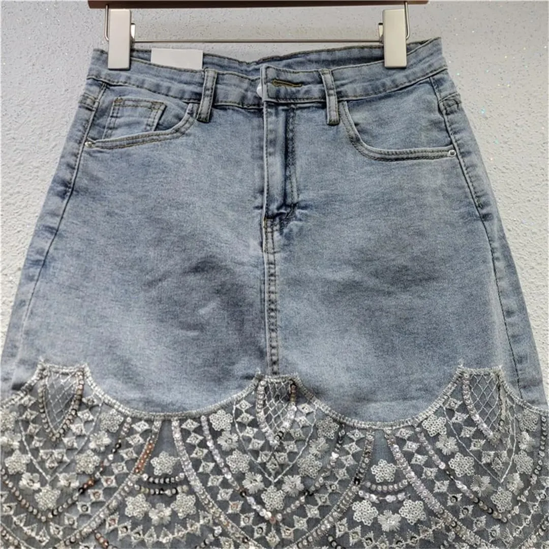 Hdhdeueh Womens Denim Skirts Spliced Embroidered Lace Sequins Tassel Slim Wrap HIPS Short Skirt