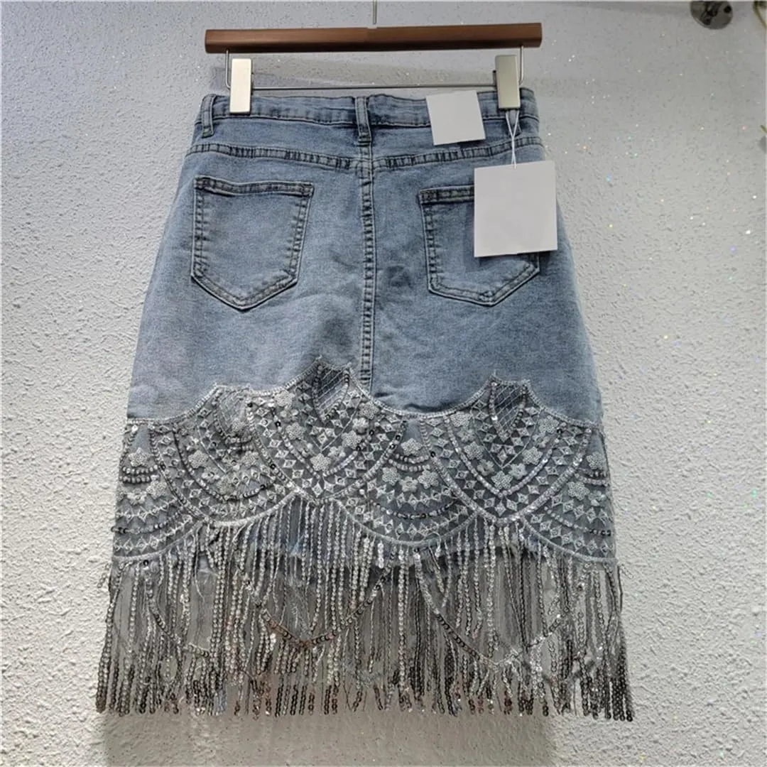 Hdhdeueh Womens Denim Skirts Spliced Embroidered Lace Sequins Tassel Slim Wrap HIPS Short Skirt
