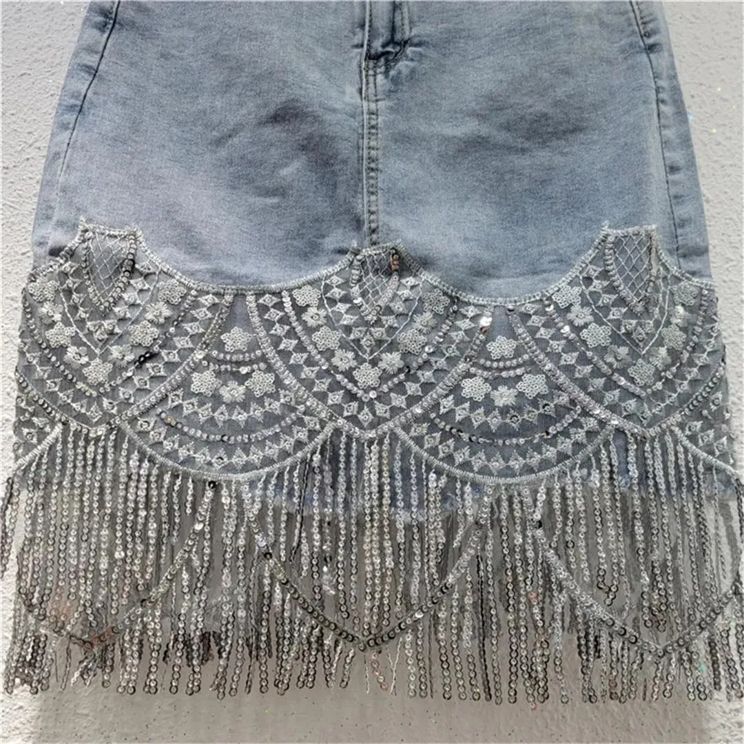 Hdhdeueh Womens Denim Skirts Spliced Embroidered Lace Sequins Tassel Slim Wrap HIPS Short Skirt