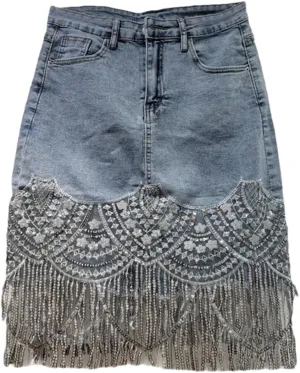 Hdhdeueh Womens Denim Skirts Spliced Embroidered Lace Sequins Tassel Slim Wrap HIPS Short Skirt