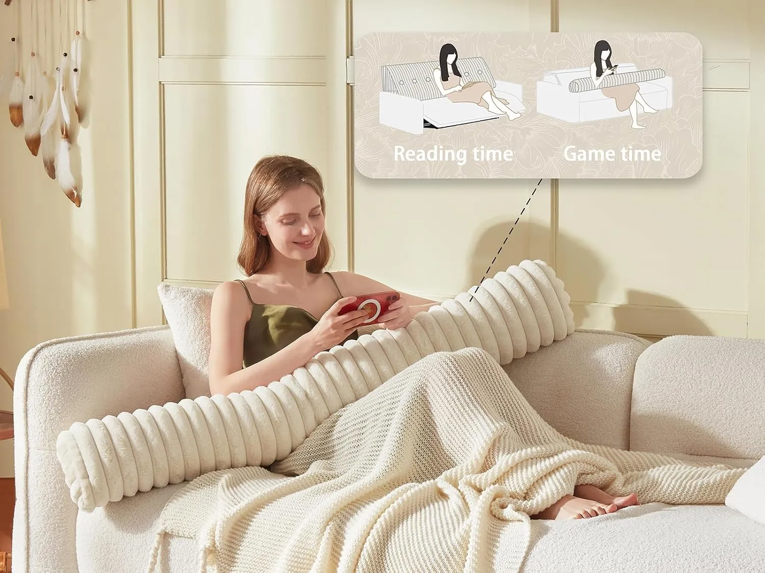 Headboard Pillow   A Long Neck Roll Pillow Body Pillow，Faux Fur Headboard Wedge Pillow with Removable Cover (Beige, Twin：39x8x20 inches)