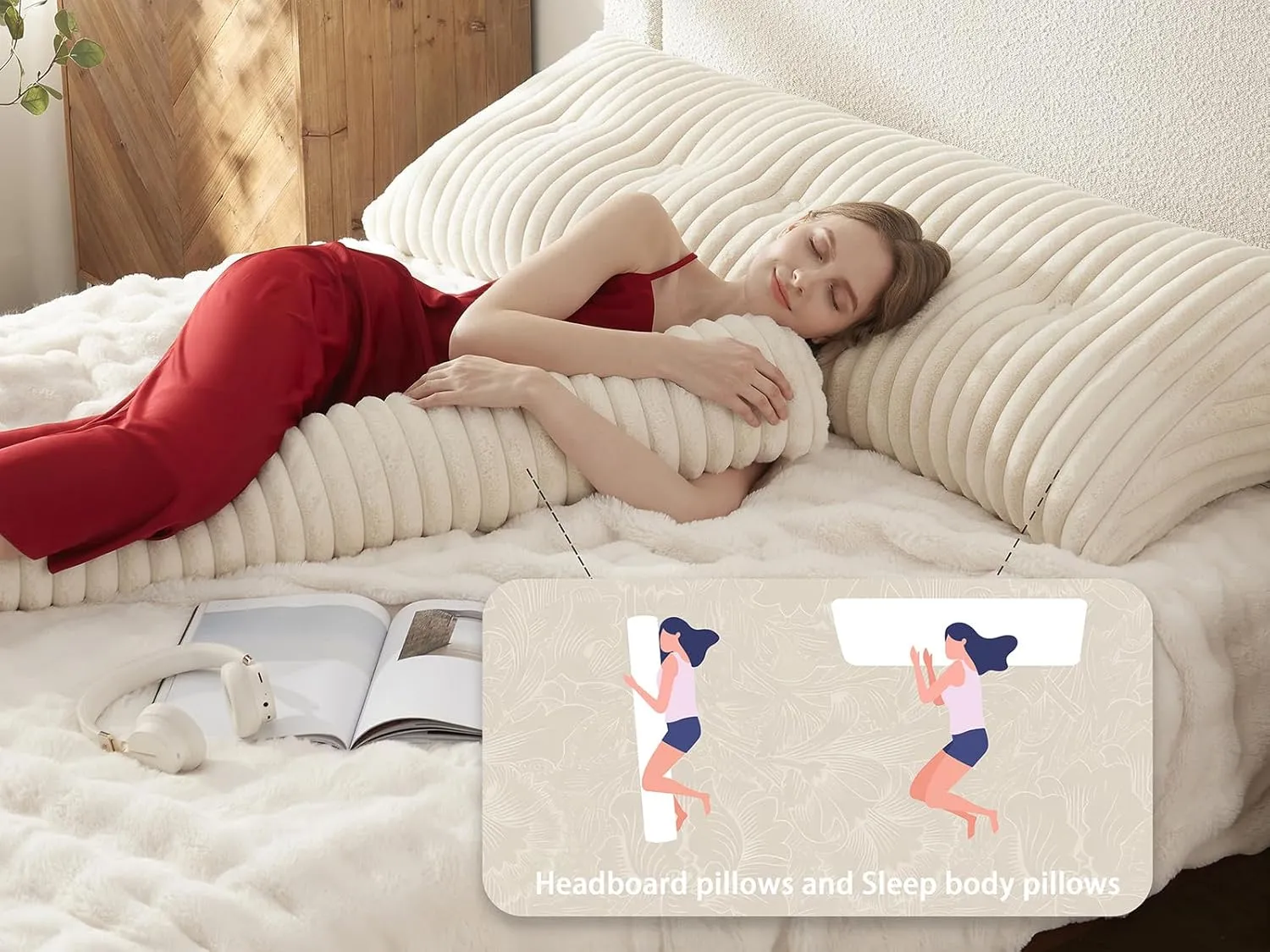 Headboard Pillow   A Long Neck Roll Pillow Body Pillow，Faux Fur Headboard Wedge Pillow with Removable Cover (Beige, Twin：39x8x20 inches)