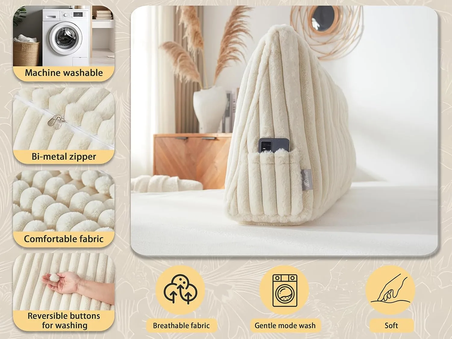 Headboard Pillow   A Long Neck Roll Pillow Body Pillow，Faux Fur Headboard Wedge Pillow with Removable Cover (Beige, Twin：39x8x20 inches)