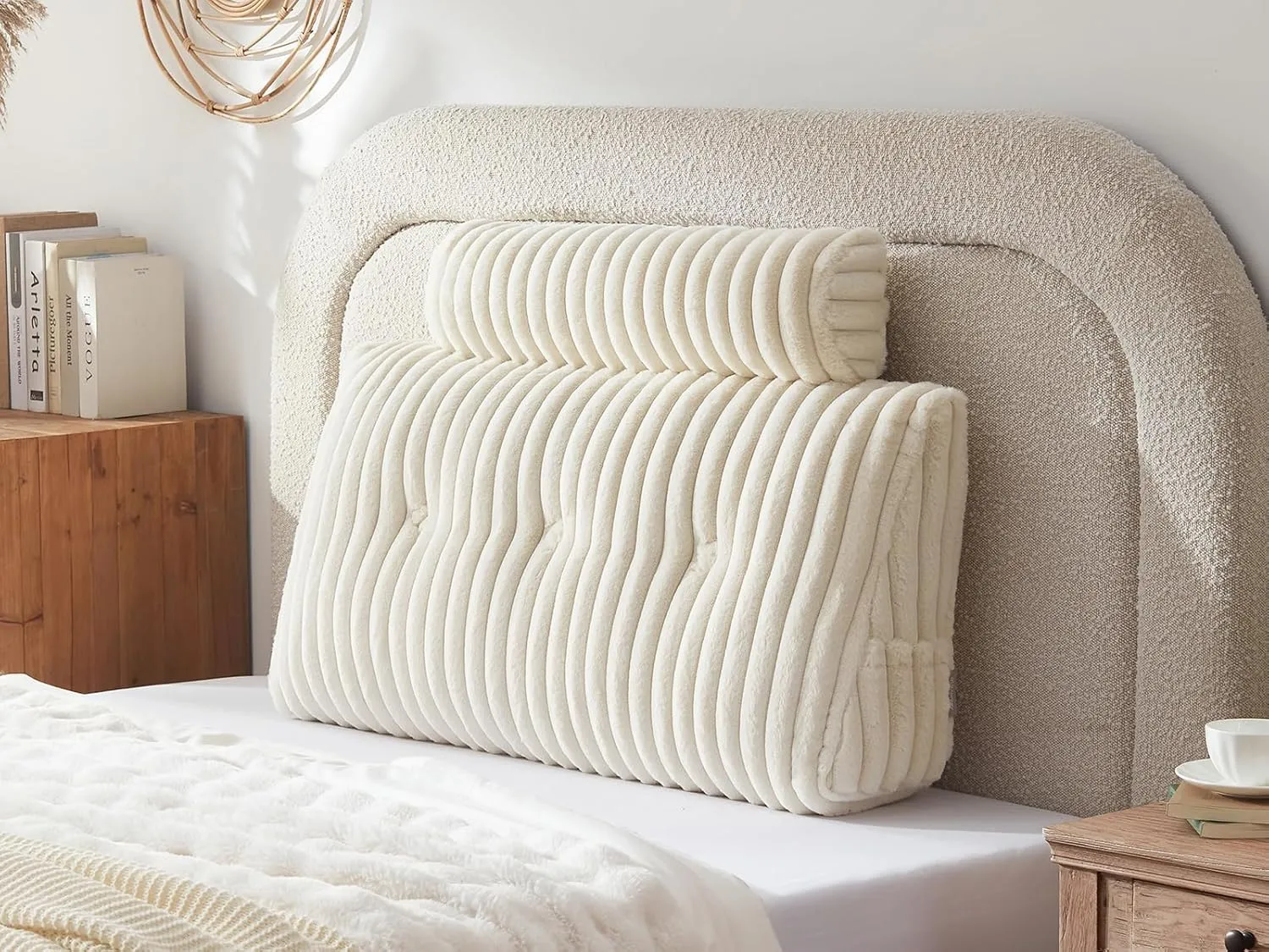 Headboard Pillow   A Long Neck Roll Pillow Body Pillow，Faux Fur Headboard Wedge Pillow with Removable Cover (Beige, Twin：39x8x20 inches)